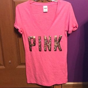 PINK sequin V-neck tee
